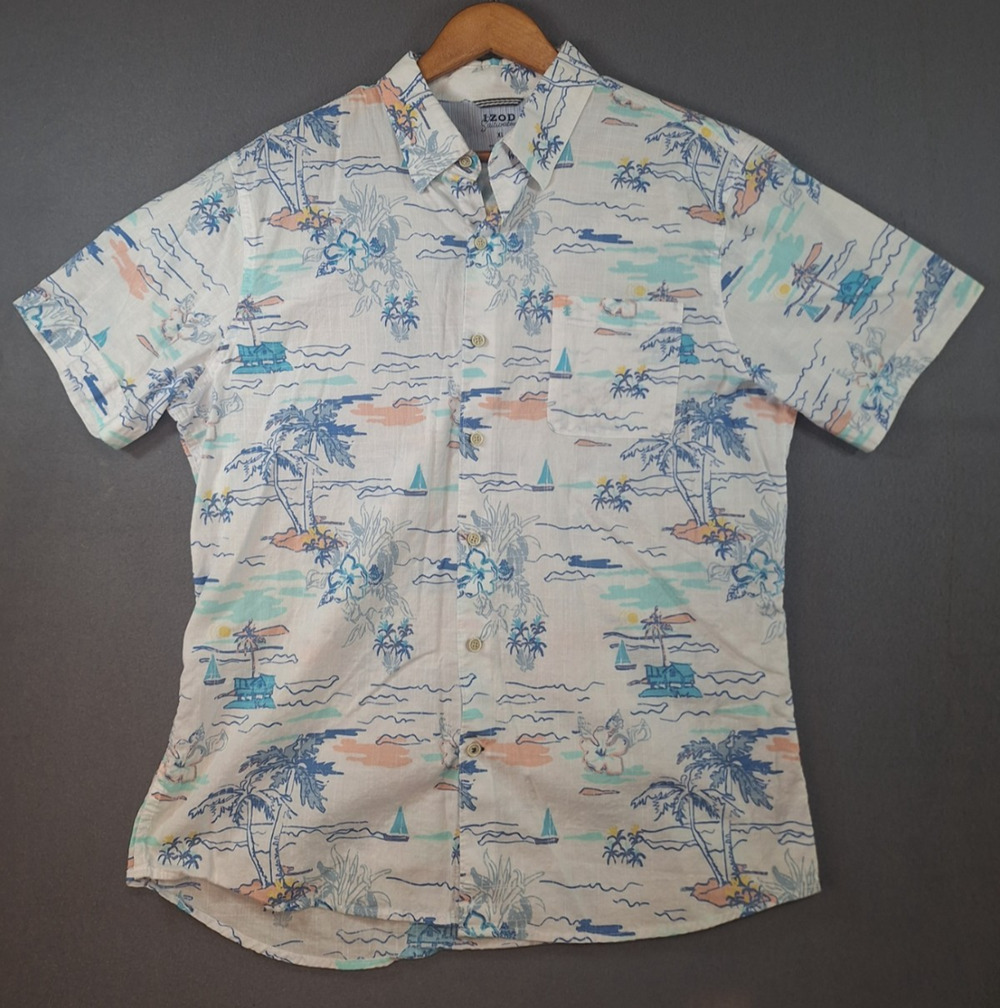 IZOD Saltwater Mens Button Down Shirt XL Sailboat Palm Tree Tropical IZSGB88R